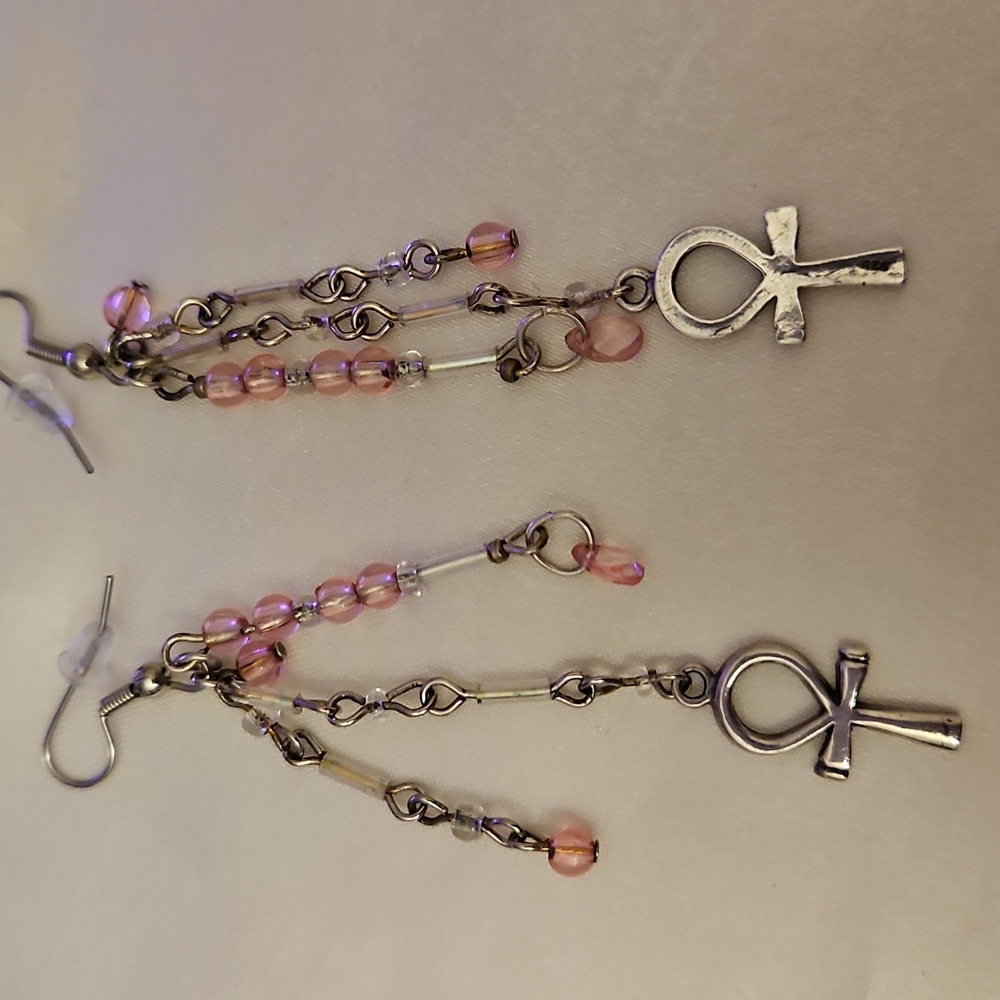 Silver and Pink Ankh Dangle Earrings